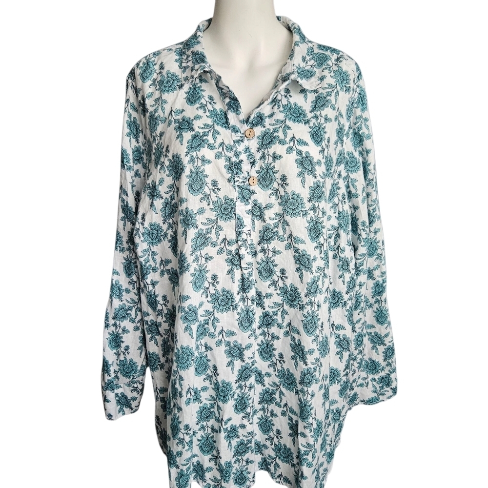 Cynthia Rowley 100% Linen Green White Floral Popover Tunic 2X